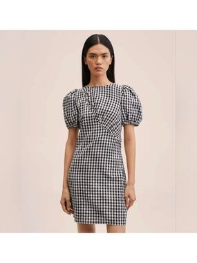 NWT Mango Black and White Gingham Puff-Sleeve Dress SIZE SMALL